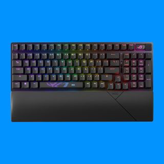 An Asus ROG Strix Scope II 96 Wireless gaming keyboard on a blue background.