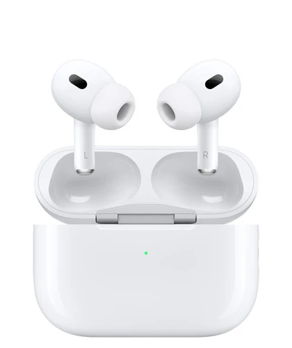 AirPods Pro 2 和 MagSafe 充电盒 (USB‑C),耳机配有硅胶耳塞,充电盒带有外部 LED 电源指示灯