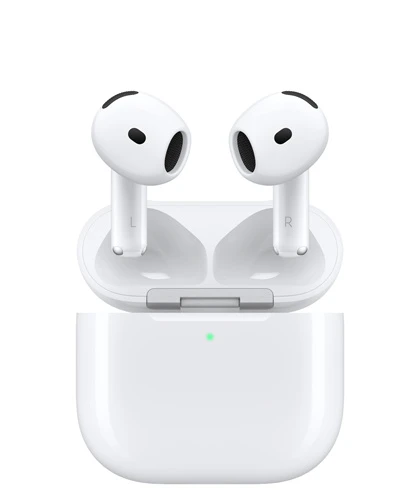 AirPods 4 (支持主动降噪) 和无线充电盒,充电盒为圆角设计,带有外部 LED 电源指示灯