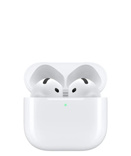 AirPods 4 放在打开的充电盒内,充电盒为圆角设计,带有外部 LED 电源指示灯